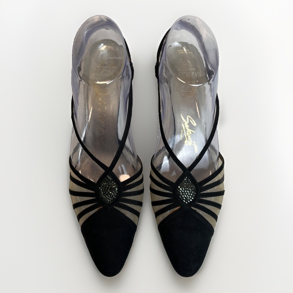 Vintage Delman Black Mesh Sling Back Kitten Heels Women's Size 9.5A